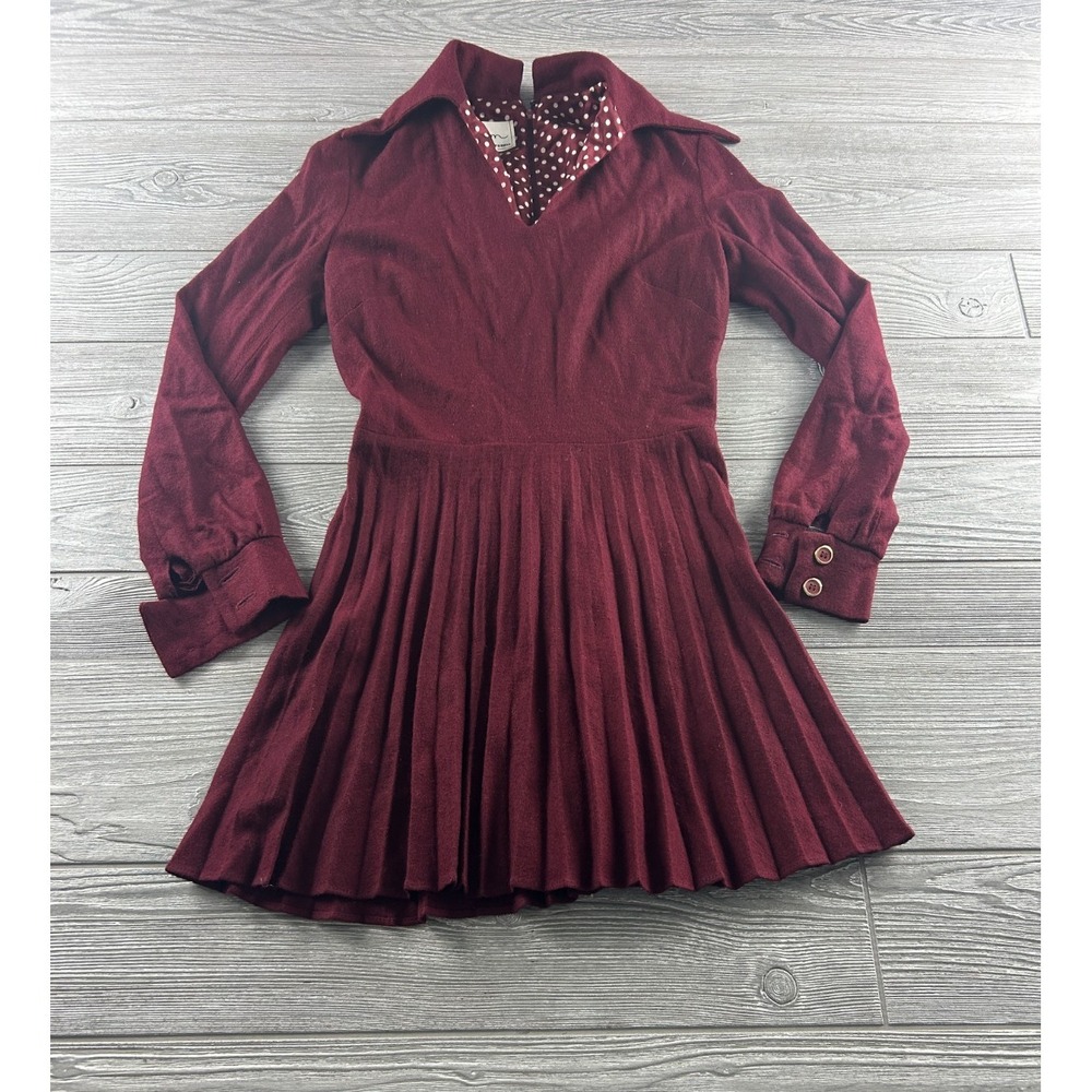 Vintage Arjon Women's Maroon Long Sleeve Pleated Wool Dress Back Zipper